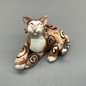 Amy LaCombe Cat Figurine 1998 Signed Hand Painted Ceramic Whimsical Vintage 4"